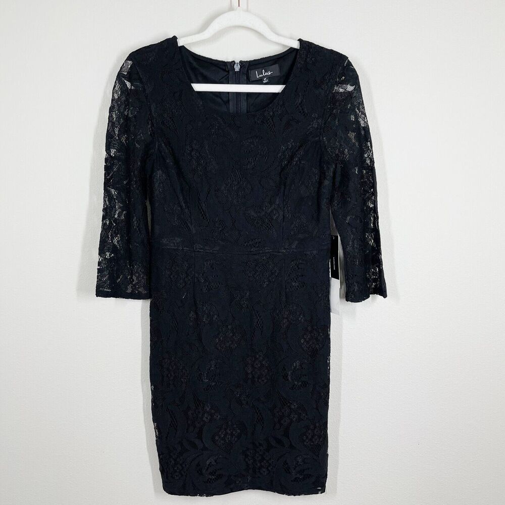 Lulu's All For You Lace‎ Bodycon Dress Size M Black 3/4 Sleeve Lined Short NWT